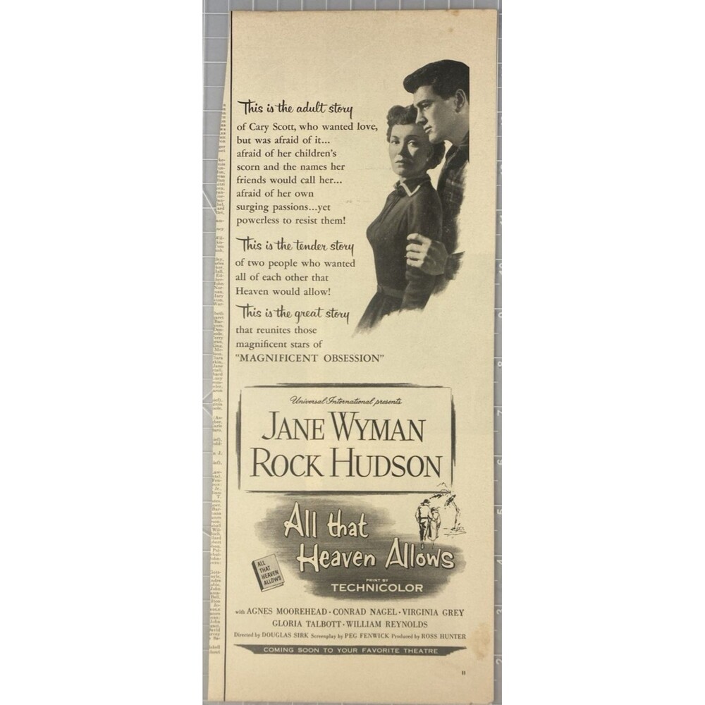 Jane Wyman & Rock Hudson "All that Heaven Allows" Movie Print Ad Circa 1955